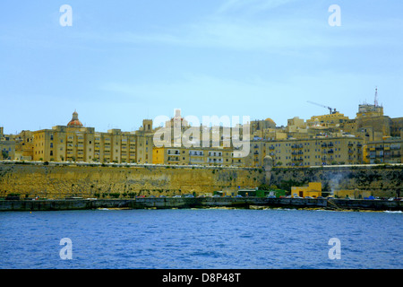 A view from St. Elmo bay of the French Curtain and the St. Gregory Curtain with the city of Valletta, Malta. Stock Photo