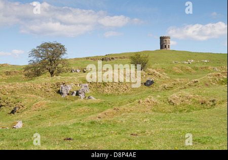 Rocky hills with Solomons Temple or Grinlow Tower in Buxton, Derbyshire Peak District Stock Photo