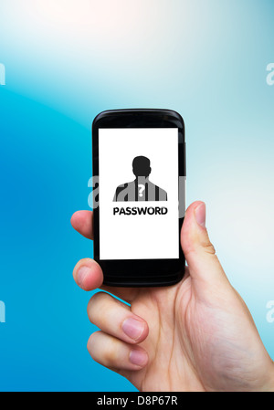 Hand holding mobile phone with security shield screen template ...