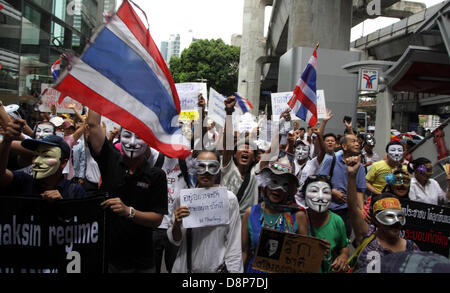 Bangkok, Thailand.  2nd June  2013.  About 300 people wearing the Guy Fawkes mask from  the movie ''V for Vendetta''  rally from Central World shopping mall passing through Siam Paragon and Siam Center to The Bangkok Art and Culture Centre , against the Yingluck Shinawatra government . They claim that Yingluck is acting as a puppet for her brother, former Prime Minister Thaksin Shinawatra . Credit:  Piti A Sahakorn/Alamy Live News Stock Photo