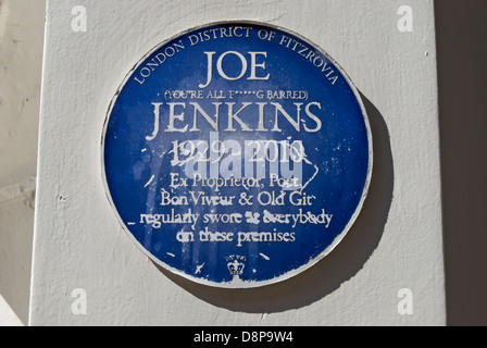 humourous blue plaque commemorating joe jenkins, landlord of the newman arms pub, fitzrovia, london, england Stock Photo