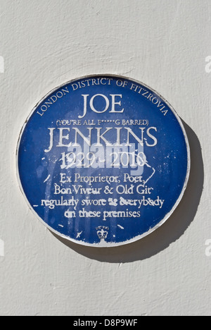 humourous blue plaque commemorating joe jenkins, landlord of the newman arms pub, fitzrovia, london, england Stock Photo