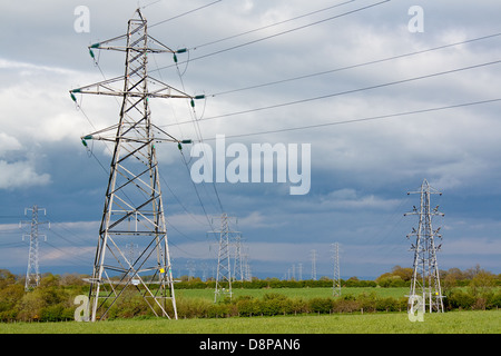 Electricity pylons part of the national grid with cables stretching into the distance Stock Photo