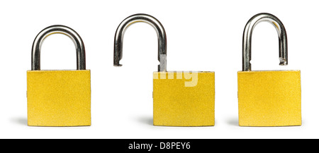 Yellow padlock isolated studio shot. Locked and unlocked Stock Photo