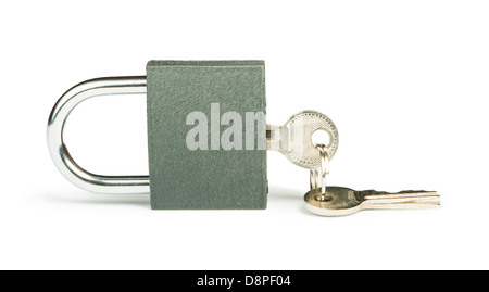 Grey padlock and keys isolated studio shot Stock Photo