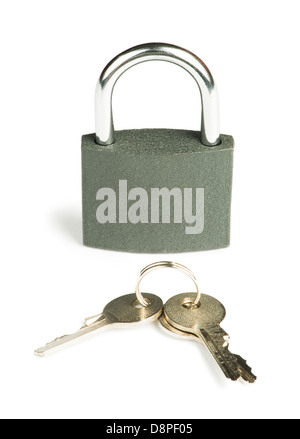 Grey padlock and keys isolated studio shot Stock Photo