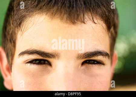Young people and emotions, portrait of serious kid looking at camera. Closeup of eyes