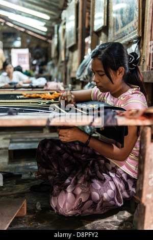 Silk weaving workshop Mandalay Myanmar Burma Stock Photo