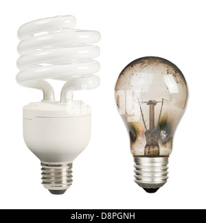 Ecological economical lamp and old burned lamp on white background. Stock Photo