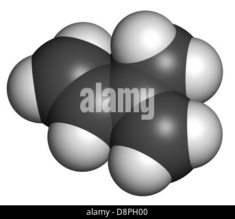 Isoprene, rubber (polyisoprene) building block (monomer). Atoms are represented as spheres with conventional color coding Stock Photo