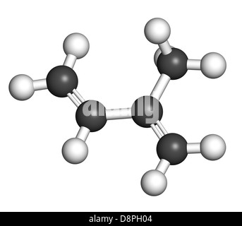 Isoprene, rubber (polyisoprene) building block (monomer). Atoms are represented as spheres with conventional color coding Stock Photo