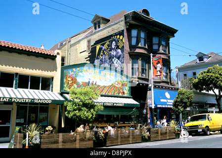 view a cafe and natural foods market on  historic Haight street  in the shopping district of the Haight Ashbury in the city Stock Photo