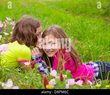 happy twin sister girls playing whispering ear on spring flowers meadow Stock Photo