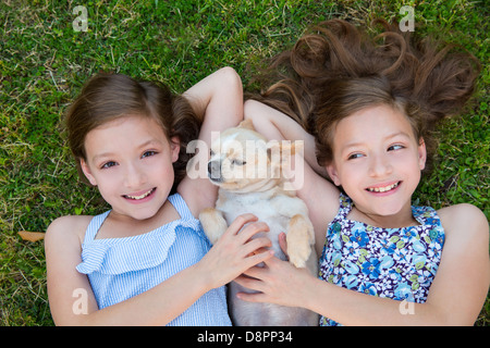 twin sisters playing with chihuahua dog lying on backyard lawn Stock Photo