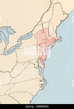 Colonial territory claimed by the Dutch in 1665 shown superimposed on present US states. Digitally created illustration Stock Photo