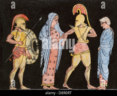Capture of Helen by Paris, causing the Trojan War, according to Homer. Hand-colored woodcut Stock Photo
