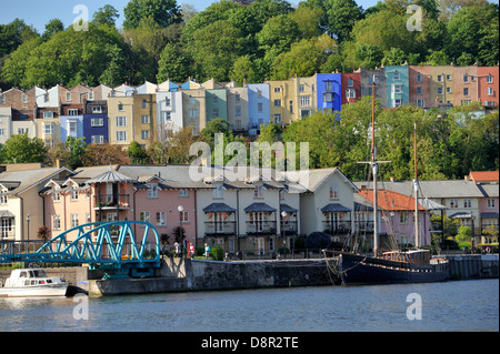 Bristol floating harbour with Hotwells and colourful Clifton Wood houses behind Stock Photo