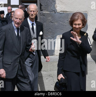 Simeon of Bulgary, Queen Sofia attend the funeral service of Moritz, Landgrave of Hesse in the Johanniskirche church at Kronberg im Taunus 03 June, 2013. Stock Photo