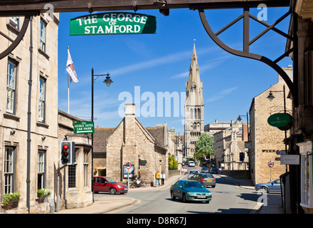 The view to St Mary's church looking from the George Hotel a famous old coaching inn in Stamford Lincolnshire England UK GB EU Stock Photo