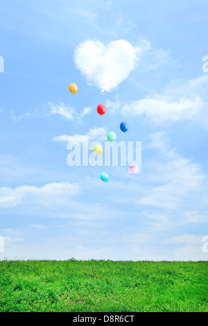 Grassland and sky with flying balloons and heart-shaped cloud Stock Photo