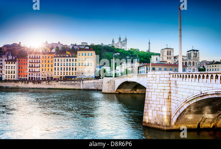 Lyon city in France along the saone river and famous Fourviere cathedral Stock Photo