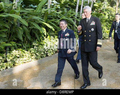 US Commander of the Pacific Command Adm. Samuel Locklear III walks with Gen. Shigeru Iwasaki, chief of joint staff for Japan Self Defense Forces during their bilateral discussion at the Shangri-La Dialogue June 2, 2013 in Singapore. Stock Photo