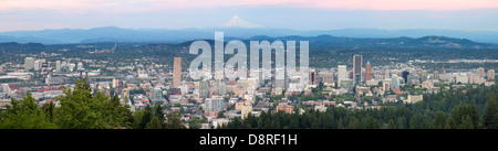 Portland Oregon Downtown Cityscape with Mount Hood During Sunset Panorama Stock Photo