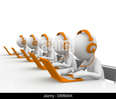 Five characters are engrossed in their work, they work in a call center. Stock Photo