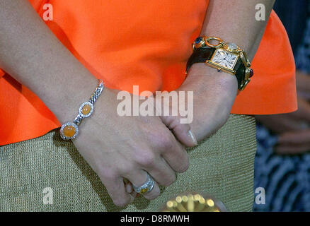 Wiesbaden, Germany. 3rd June 2013. Queen Maxima's jewelry at the first Day of their visit to Germany of a two day visit with a dutch economic delegation, Wiesbaden 03-06-2013 Photo: Albert Nieboer-RPE/dpa/Alamy Live News Stock Photo