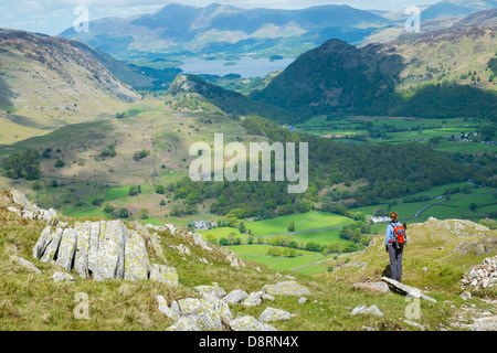 A female hiker taking in the view of Borrowdale while descending from the summit of Glaramara in the Lake District. Stock Photo