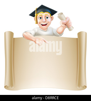 Cartoon man in moratar board holding a certificate, diploma or other qualification, peeping over a scroll and pointing down Stock Photo