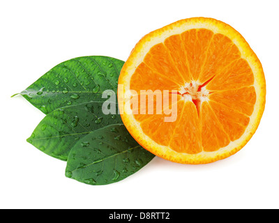 Fresh orange fruit with green leaves isolated on white background. Stock Photo