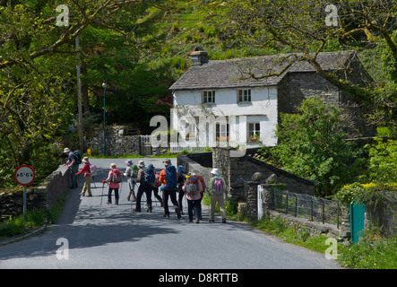 Japanese visitors walking through the village of Elterwater, Langdale, Lake District National Park, Cumbria, England UK Stock Photo