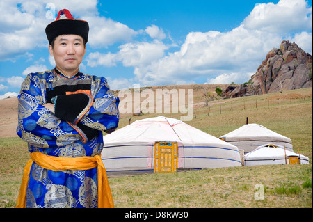 Traditional Mongolian portable round tent ger covered with white outer ...