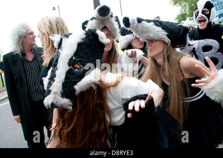 Protest against proposed cull of badgers led by a flashmob of dancers dressed with badger heads and  led by Brian May Stock Photo