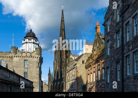 Great Britain, Scotland, Edinburgh, Royal Mile, the Camera Obscura and the Hub tower on the right.g Stock Photo