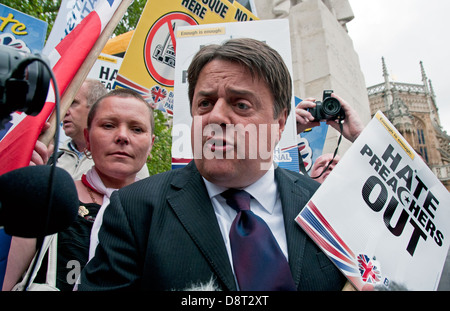 Nick Griffin leader  of far right islamophobic  BNP British National Party talks at rally following murder of soldier Drummer Le Stock Photo