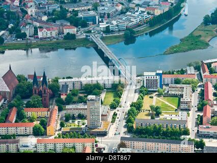 View of the border city Frankfurt (Oder)(below) with the border river Oder and the city bridge connecting with the Polish city Slubice from a sport aircraft in Germany, 27 May 2013. Photo: Patrick Pleul Stock Photo