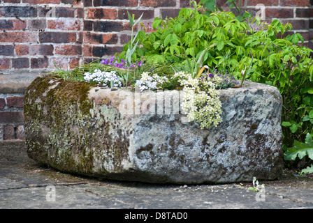 Large stone trough positioned against an old brick wall Stock Photo