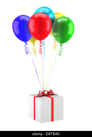 gift box with multicolored balloons isolated Stock Photo