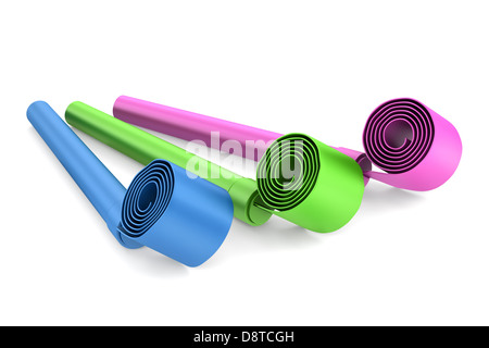 three color party whistles isolated on white Stock Photo