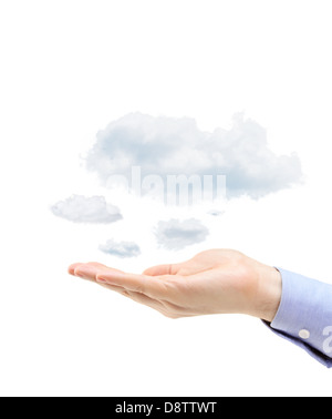 Shot of a male palm holding clouds, isolated on white background Stock Photo