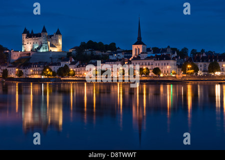 The Château and town of Saumur, in the Loire Vally, France. Illuminated. Stock Photo