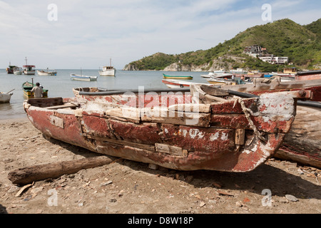 Boats resting on the beach of Taganga, near Santa Marta, Colombia Stock Photo