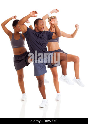 happy group doing aerobic dance, isolated on white Stock Photo