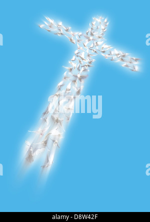 cross of white flying doves in perspective Stock Photo