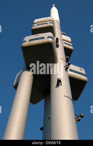 The giant Zizkov Television transmitter tower with crawling 'babies' in Zizkov district Prague Czech Republic Stock Photo