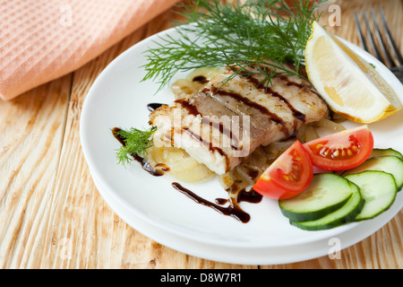 piece of fried fish fillets, food close up Stock Photo