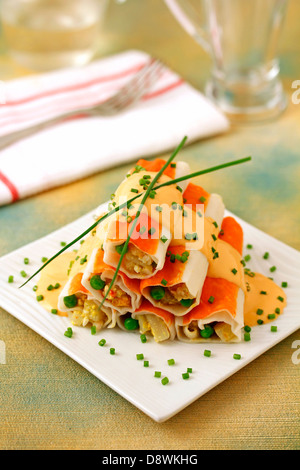 Surimi rolls with vegetables. Recipe available. Stock Photo