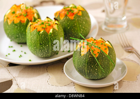 Stuffed zucchinis with crab. Recipe available. Stock Photo